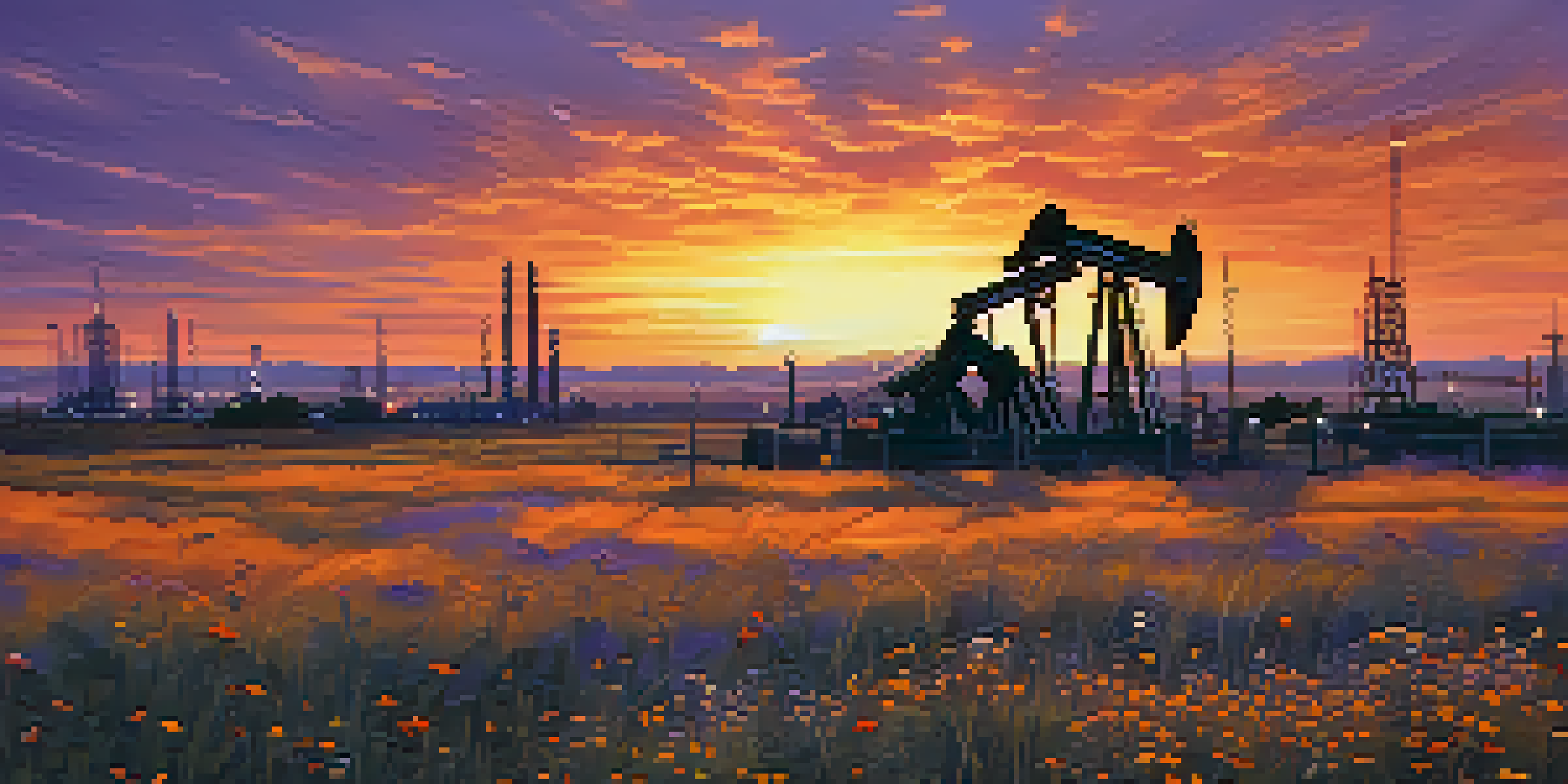 A scenic view of Texas oil fields at sunset, with oil rigs silhouetted against a colorful sky and wildflowers in the foreground.