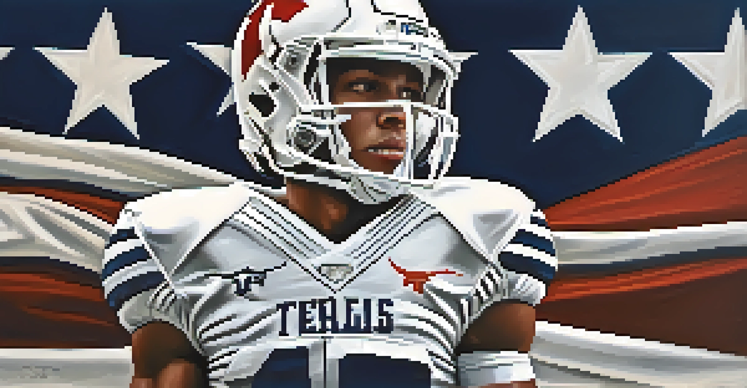 A close-up of a determined college football athlete in Texas uniform with the Texas flag in the background.