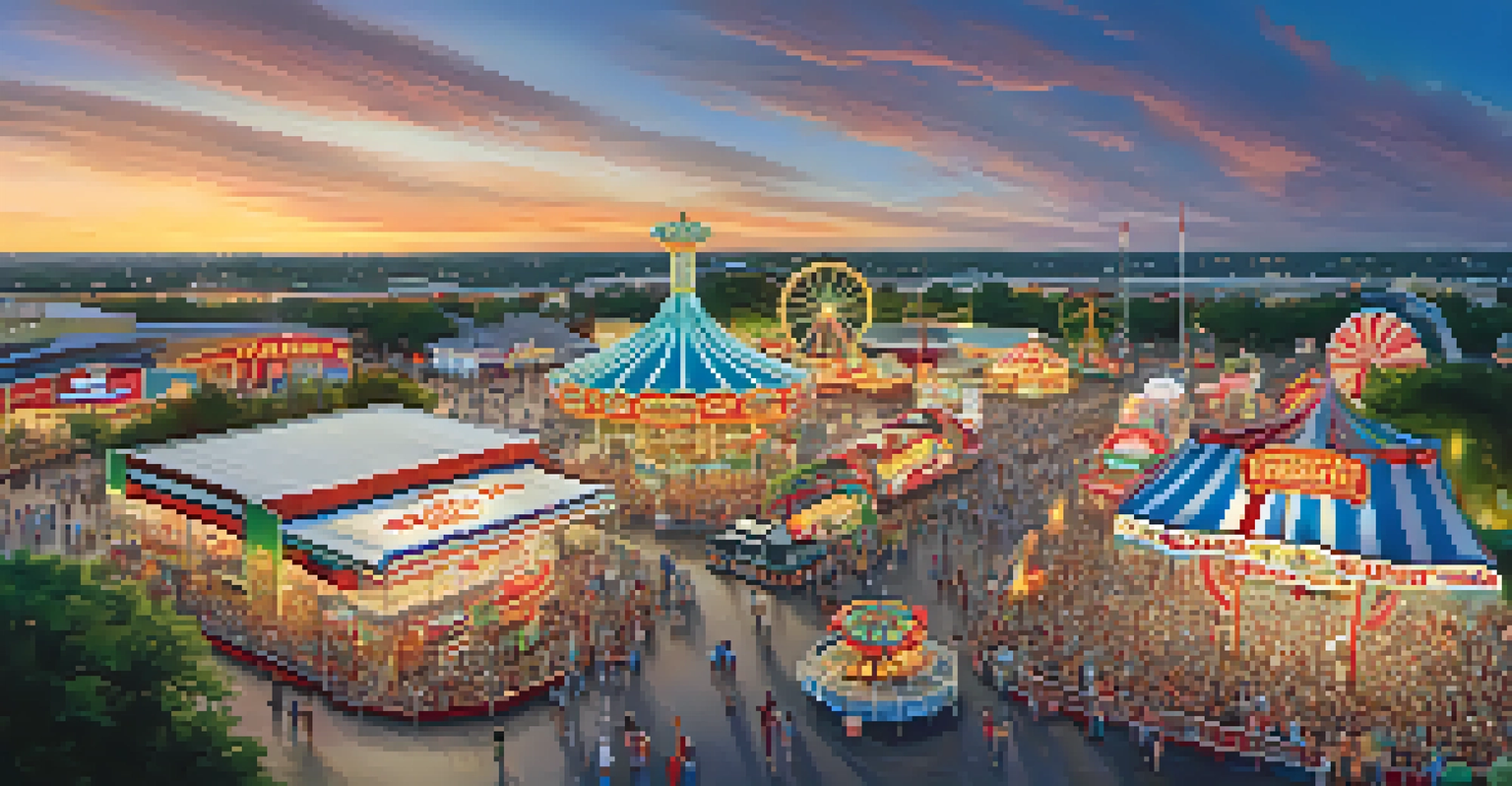 Aerial view of the Texas State Fair showcasing colorful rides, food stalls, and crowds enjoying the festivities during sunset.