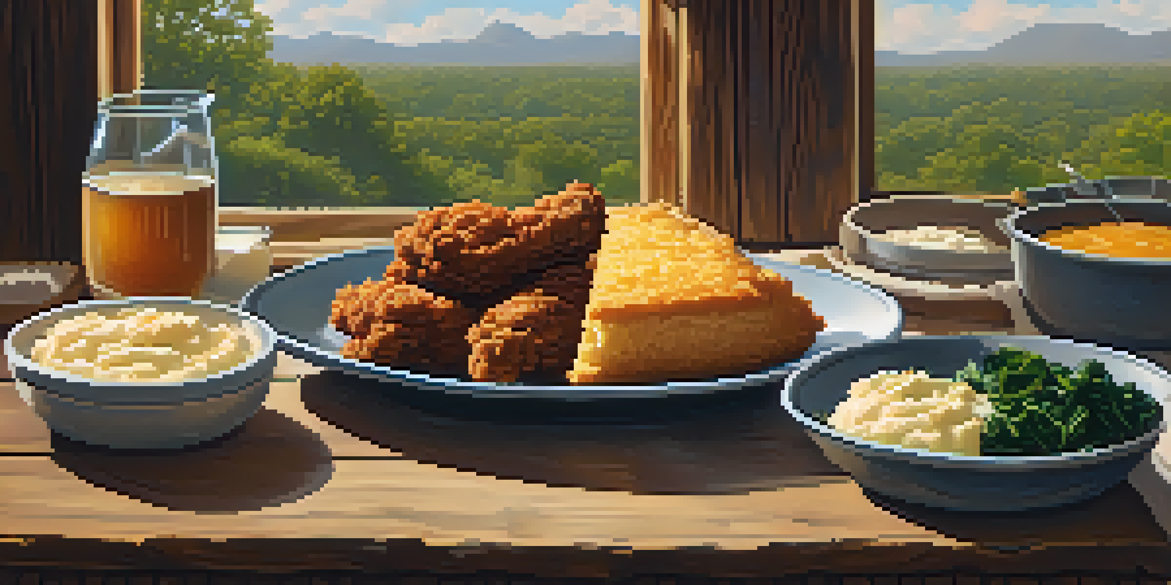 A table filled with traditional Texas soul food including fried chicken, mashed potatoes, collard greens, and cornbread under warm natural lighting.