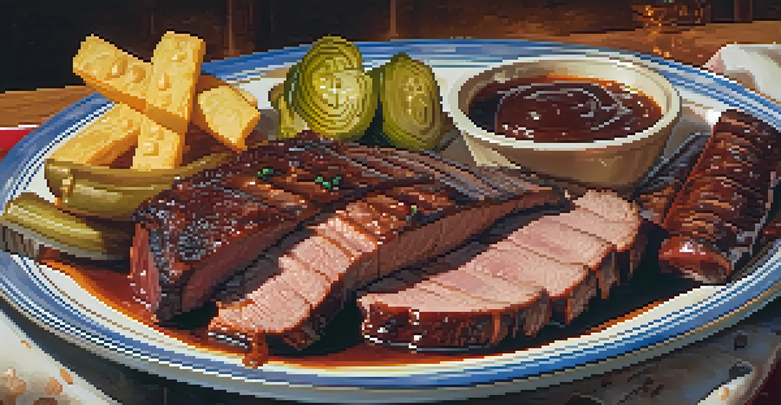 A close-up view of a plate filled with Texas barbecue, including brisket, ribs, and sausage with garnishes.
