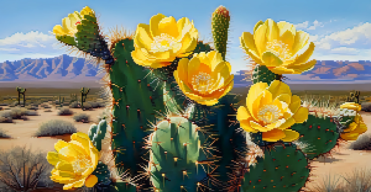 Close-up of a blooming prickly pear cactus with yellow flowers, showcasing its spines and the dry desert soil in the background.