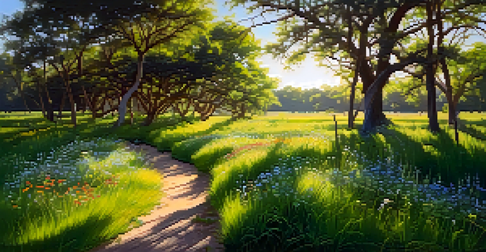 A vibrant and serene wildlife corridor in Texas, filled with wildflowers and trees, illuminated by sunlight.