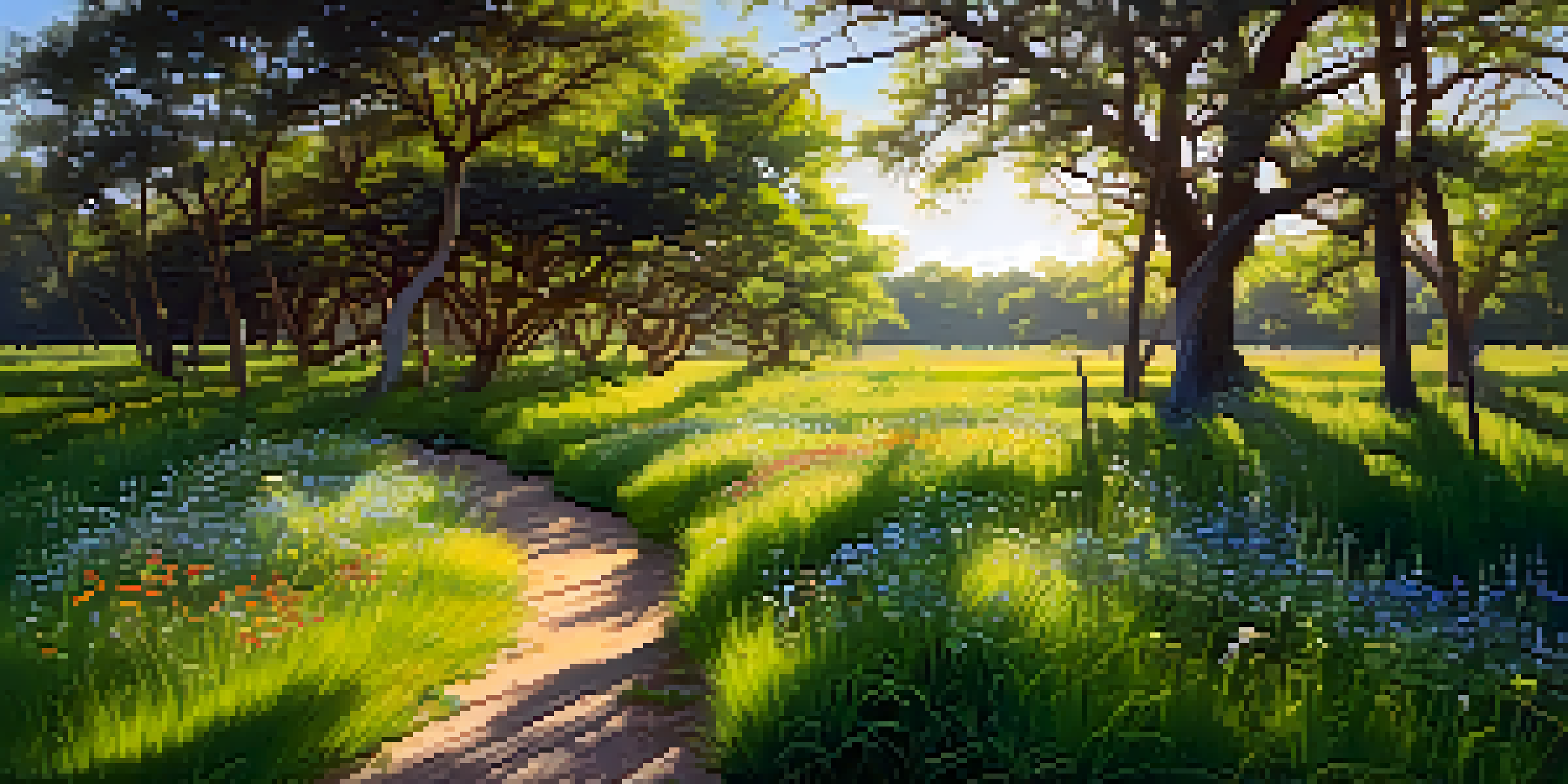 A vibrant and serene wildlife corridor in Texas, filled with wildflowers and trees, illuminated by sunlight.