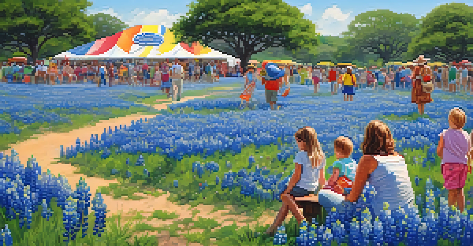 Families enjoying the Burnet Bluebonnet Festival amidst a field of blooming bluebonnets and colorful floats in the Texas Hill Country.