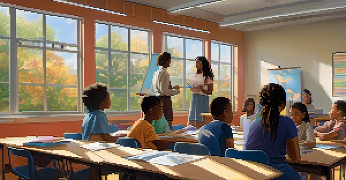 A classroom filled with students of different ethnicities working together on a project, with a teacher guiding them in a bright and colorful environment.