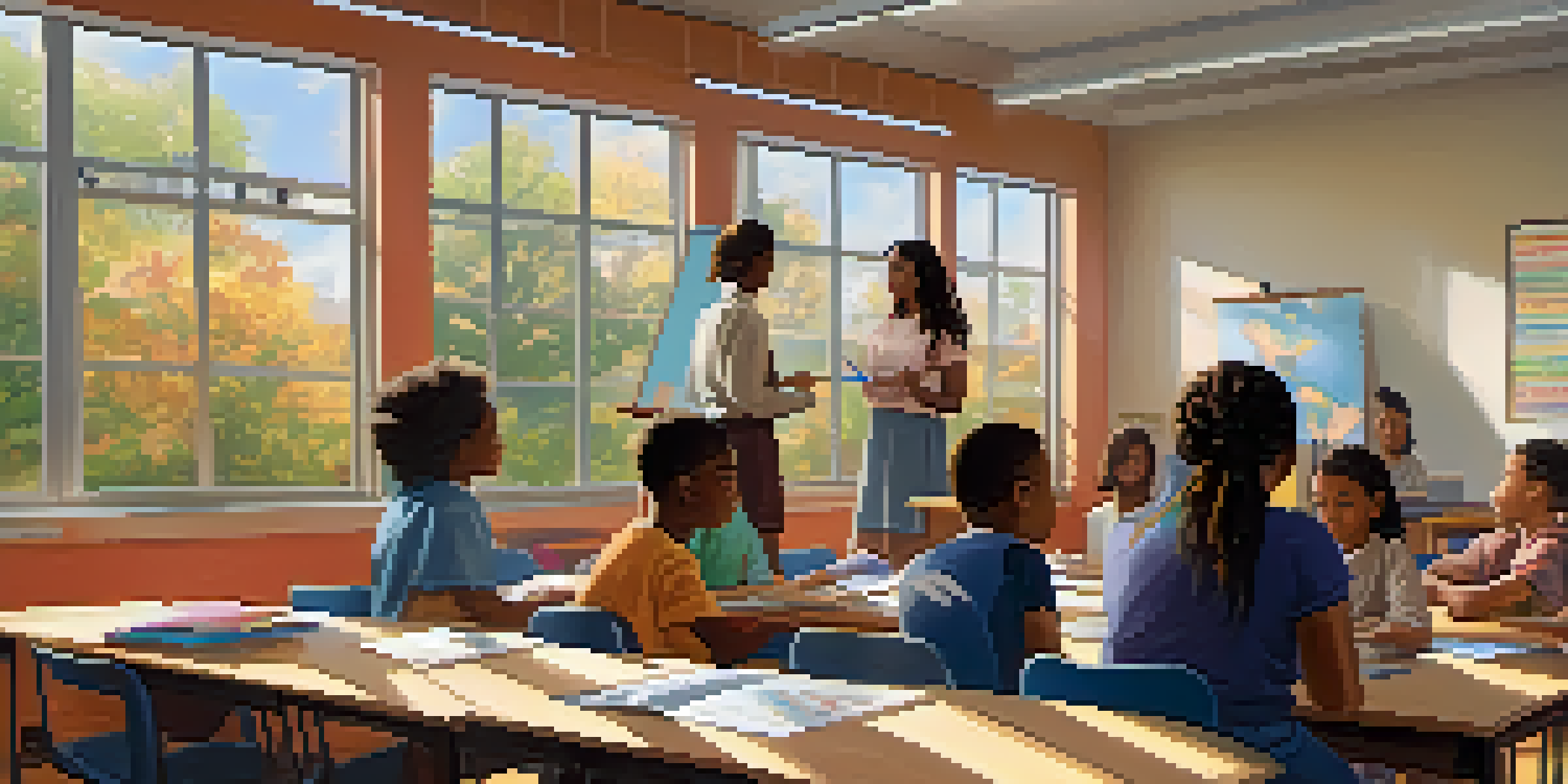 A classroom filled with students of different ethnicities working together on a project, with a teacher guiding them in a bright and colorful environment.
