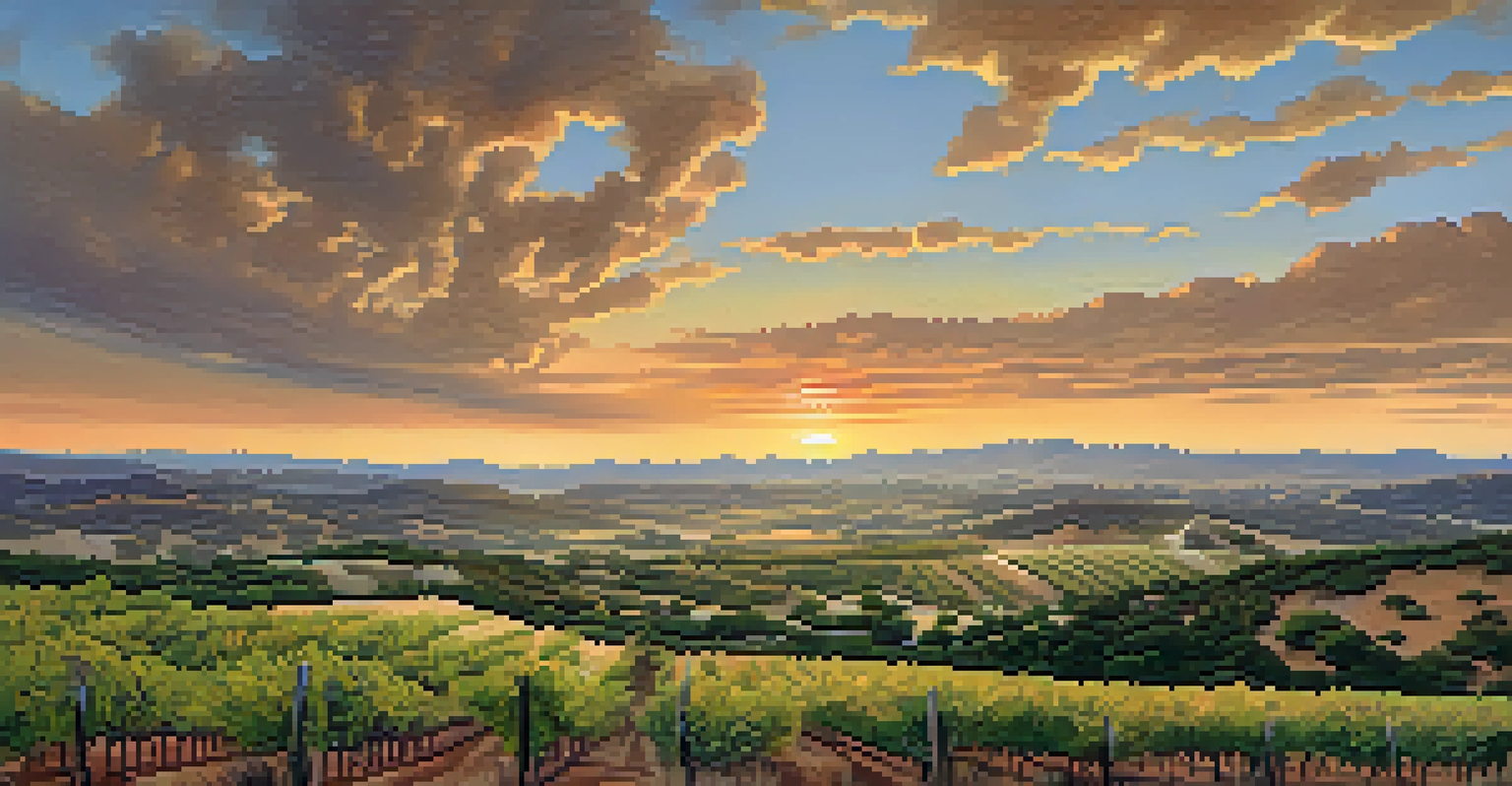 Rolling hills of Central Texas with a vineyard and sunset, illustrating the semi-arid climate and beautiful landscapes.