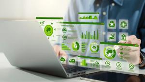 sustainable targets and graphs popping out of a laptop