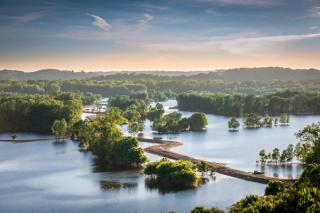 high angle view of a flooded area at sunset