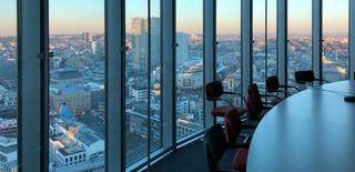 Meeting room with view overlooking a city