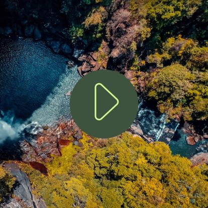 Forest and stream image with a play video icon sitting on top