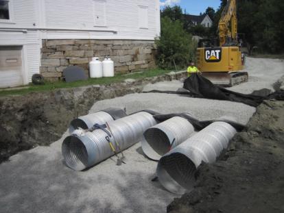Construction underway on North Main's Stormwater Infiltration System in Hardwick, VT.