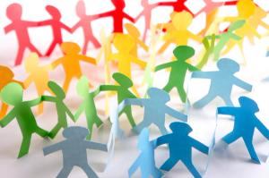 Paper cut-out people in red, orange, green and blue
