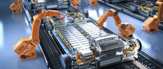 Robot assembly line with electric car battery cells module on platform