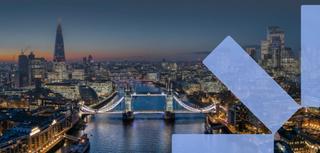 The London skyline at dusk, with a light blue SLR logo motif on the right