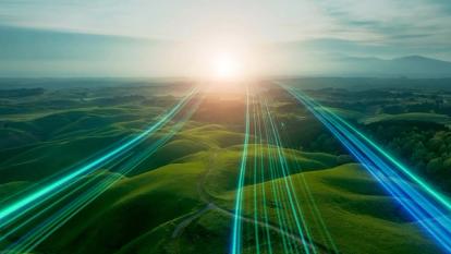 Some blue lines representing energy and linear infrastructure flowing over some green hills 