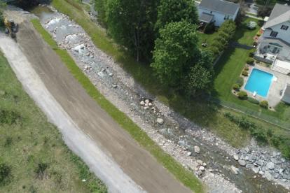 An overhead view of Steele Creek during project construction, after streamflow had been returned to the newly constructed channel.  