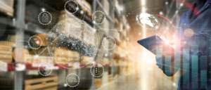 Businesss Workers using digital tablet computer cargo and tracking delivery for Transportation and global network of smart logistics in blur warehouse background