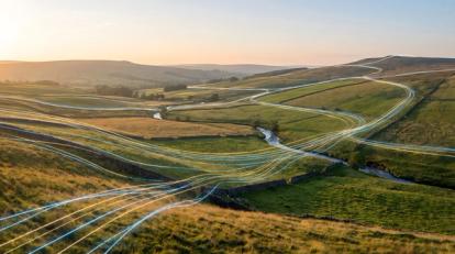 Some yellow and blue lines representing energy that flow across some green hills