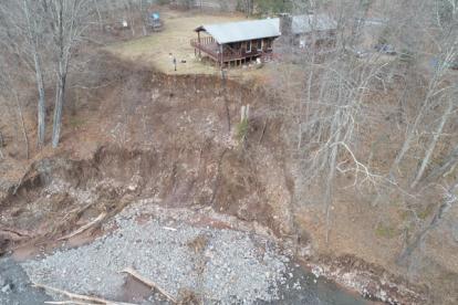 Aerial image showing the high terrace failure on right bank of Stony Clove Creek, showing lacustrine clays along the toe of the bank.