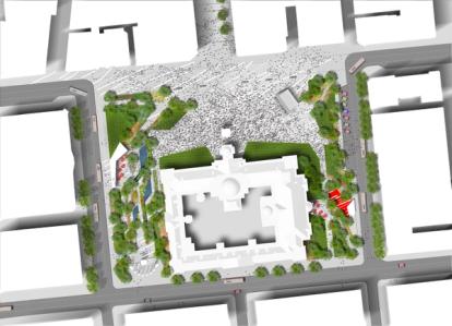 Close up aerial of Donegal Square landscape design