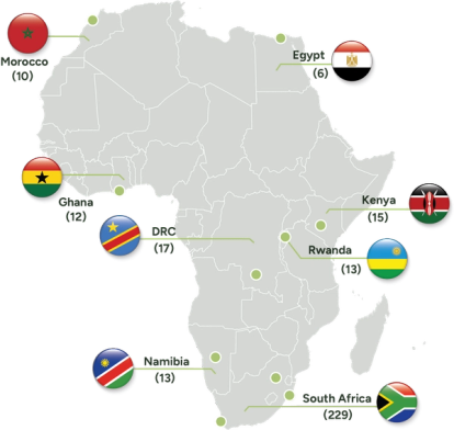 Map of Africa showing the different countries where SLR employees are located (Morocco: 10, Ghana: 12, DRC: 17, Namibia: 13, South Africa: 229, Rwanda: 13, Kenya: 15 Egypt: 6).