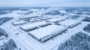 Aerial View of a Snow Covered Data Center Campus in a Frozen Winter Landscape