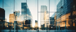 Reflections of financial buildings in glass