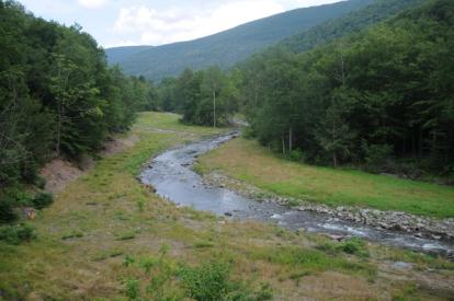 Post-construction of Stony Clove Creek and floodplain, looking upstream toward reconstructed main channel (right) and side channel (left).