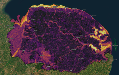 Example heat map modelling of Norfolk using SLR inhouse machine learning enabled geospatial analysis