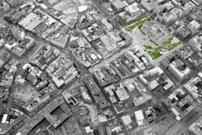 Aerial view of Belfast City hall and Donegal Square with proposed landscape design