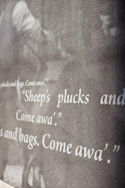 photo of an art installation at Exchange place. Image reads 'Sheep's plucks and bags come awa' with a black and white photo of a farmer and his herd of cows. 