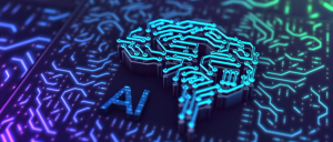 Image of a brain and the letters AI made out of computer components