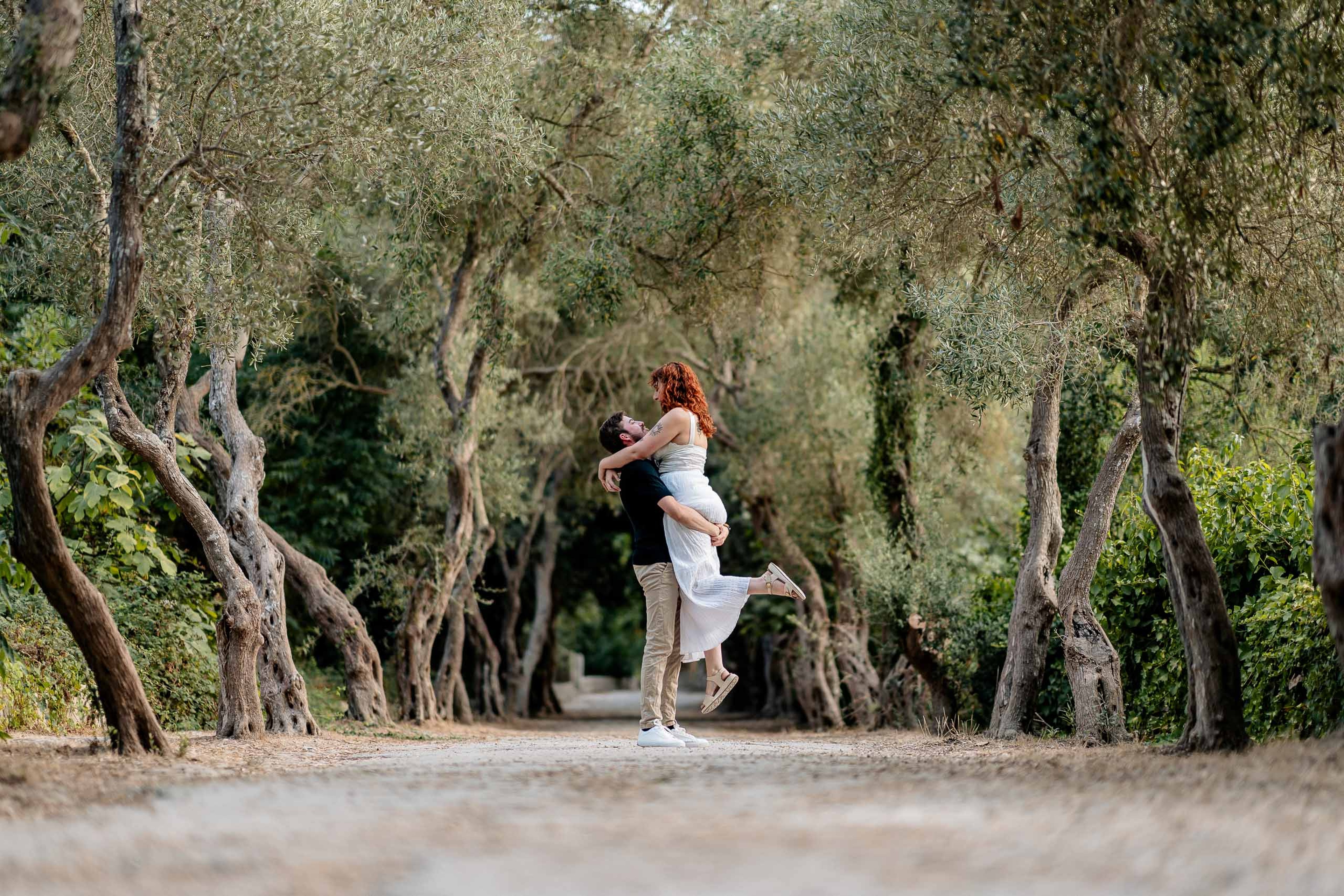 Jay and Cristina during their pre-wedding photoshoot among the olive trees at Buskett Woodlands in Rabat, Malta.