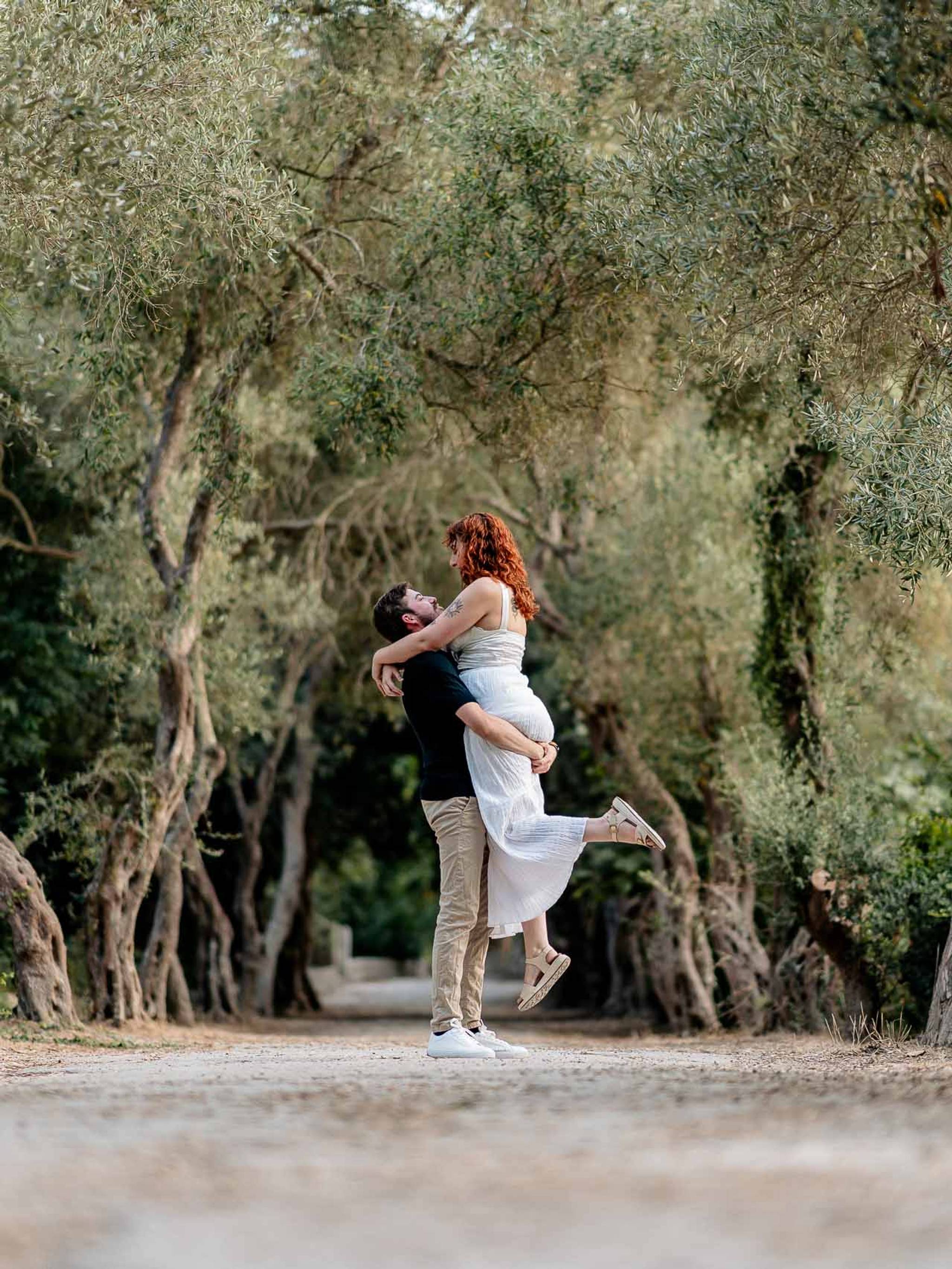 Jay and Cristina during their pre-wedding photoshoot among the olive trees at Buskett Woodlands in Rabat, Malta.