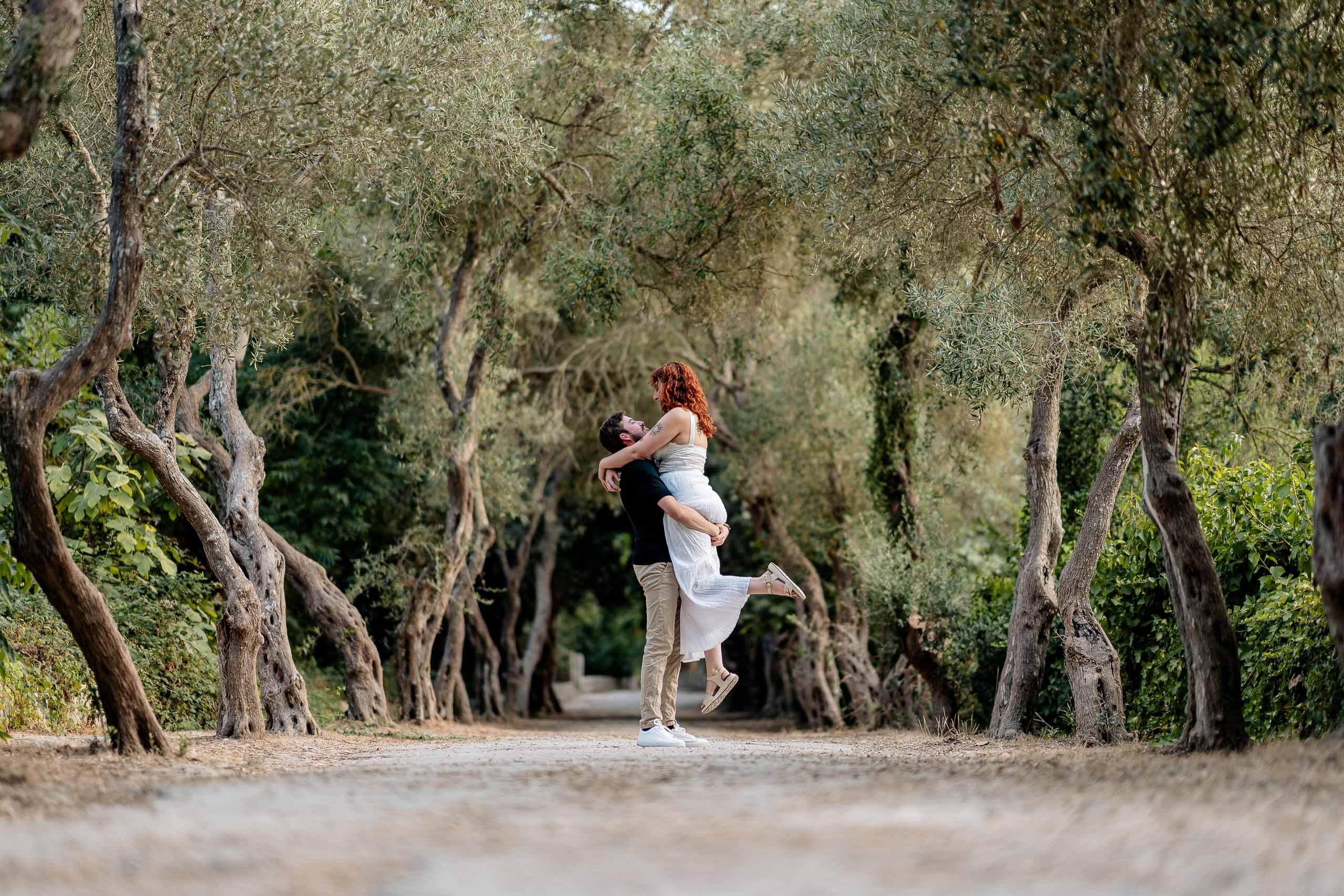 Jay and Cristina during their pre-wedding photoshoot among the olive trees at Buskett Woodlands in Rabat, Malta.