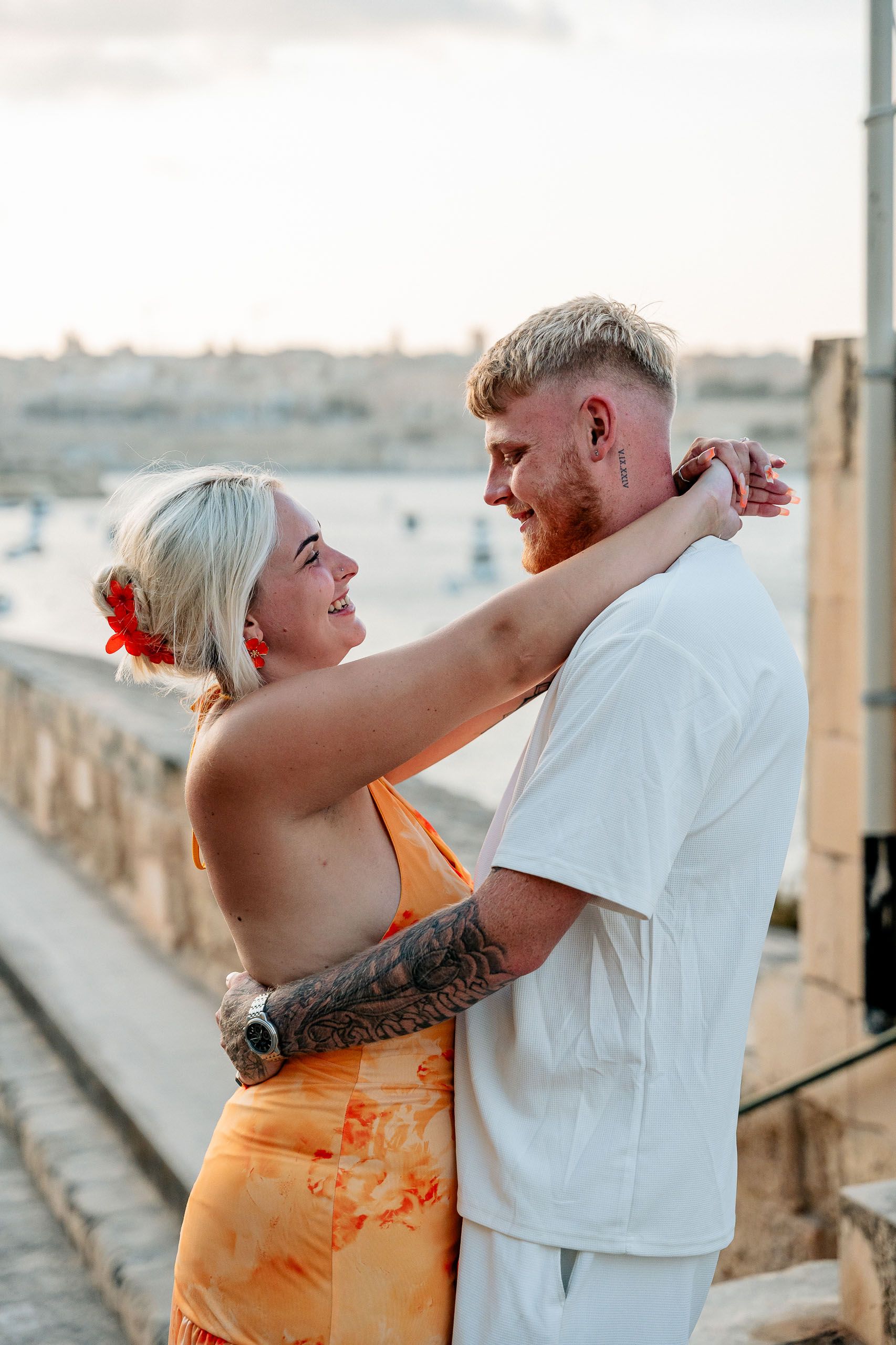 Newly engaged couple portrait during a Birgu proposal photoshoot in Malta