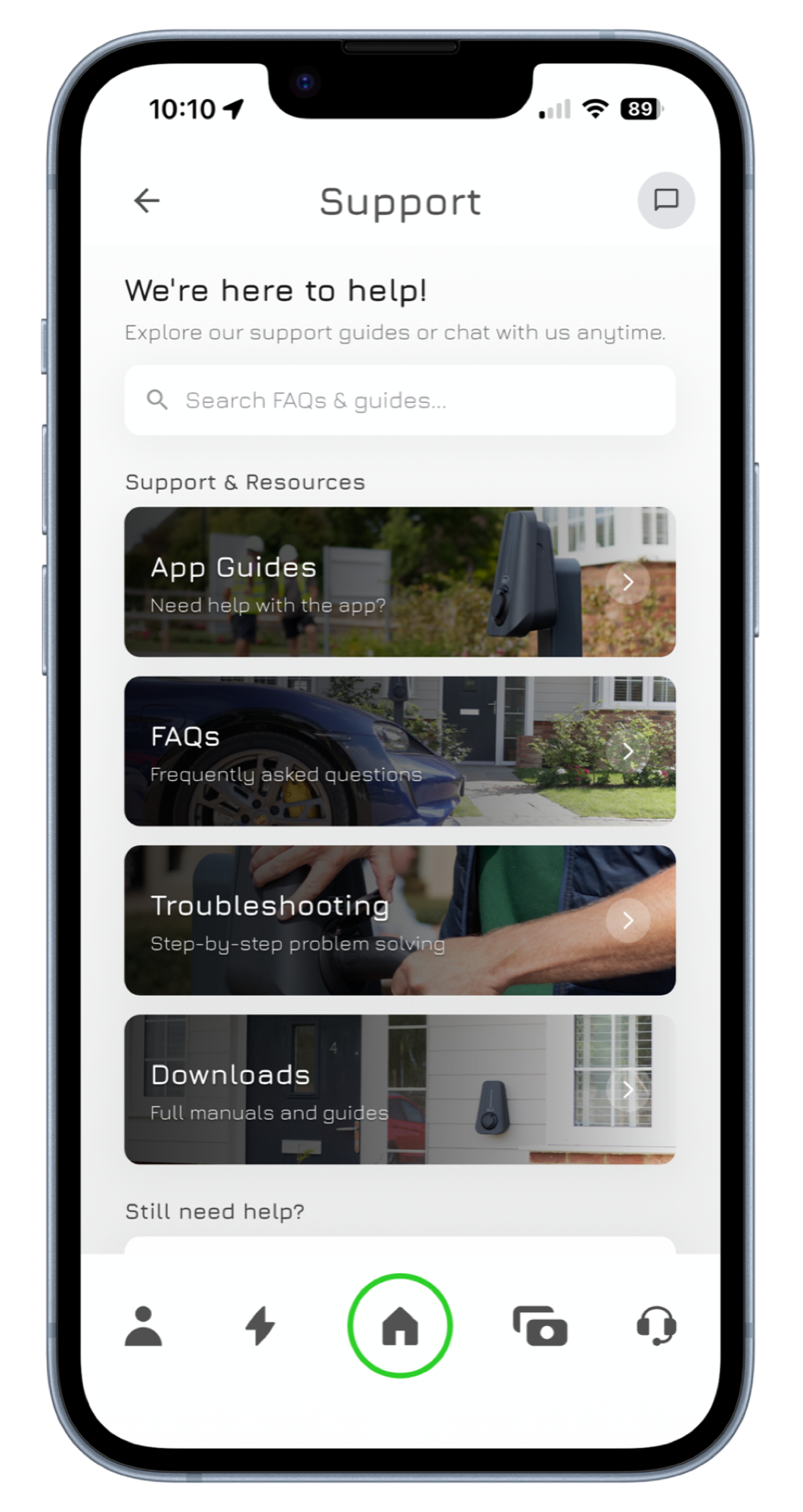 The MyBrim app support screen with live chat