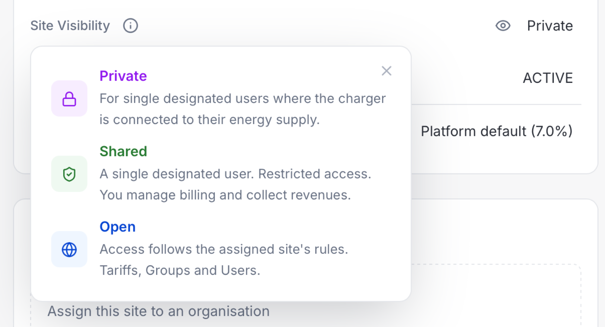 Setting a site to private, shared or open in the Brim portal