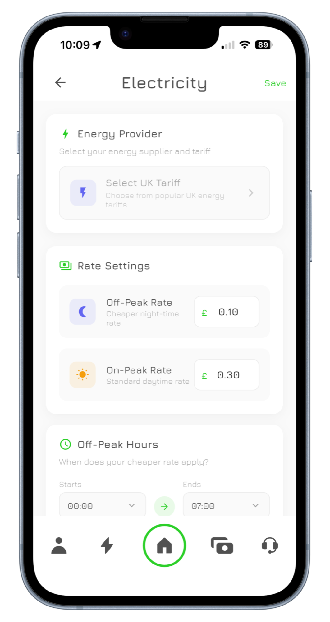 The MyBrim app electricity screen, with off-peak and on-peak rates and the cheap hours set