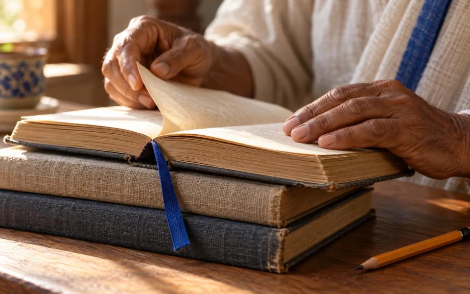 Hands turning the edge of a page beside a small stack of clothbound books.