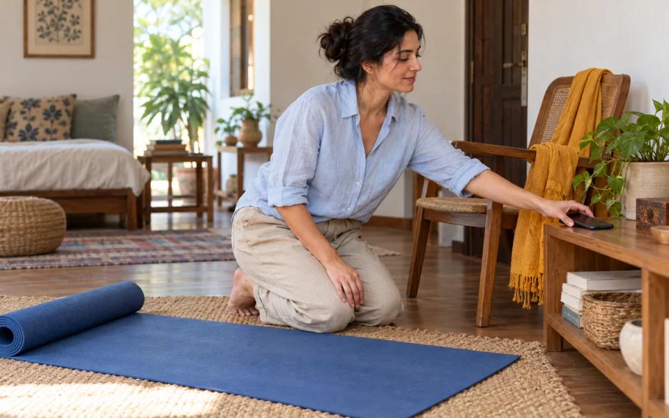 A person in everyday clothes places a phone on a low shelf beside an unrolled blue mat and a wooden chair.