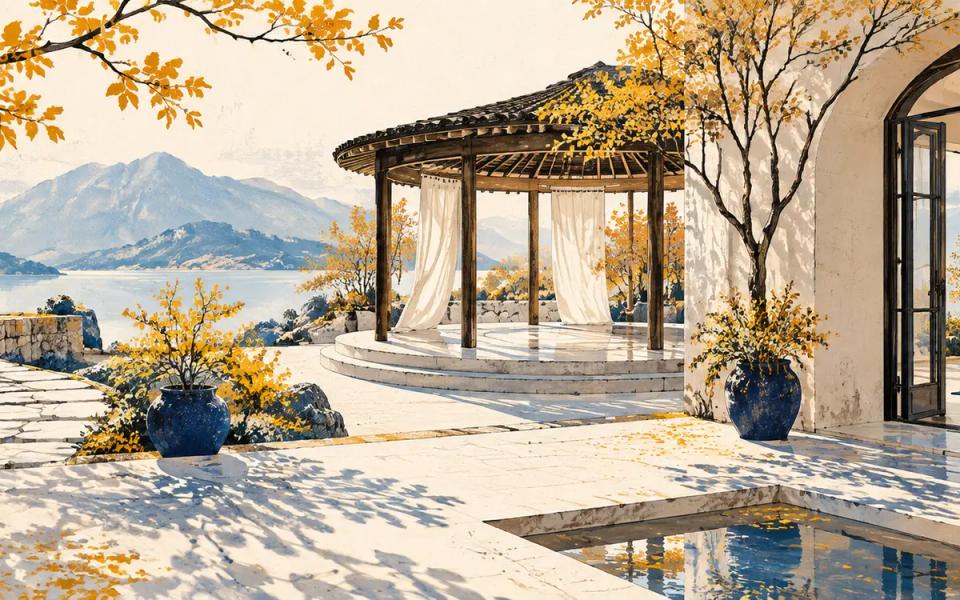 An illustrated courtyard linking a walking path, open pavilion and yoga space.
