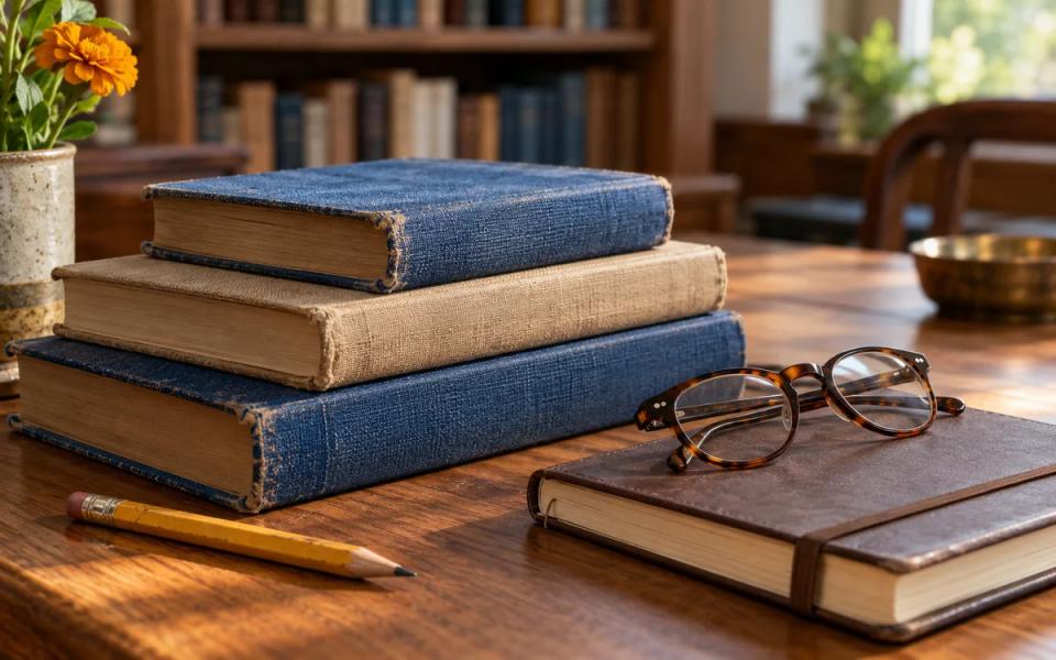 Close-up of clothbound books, glasses and a closed notebook on a wooden desk.
