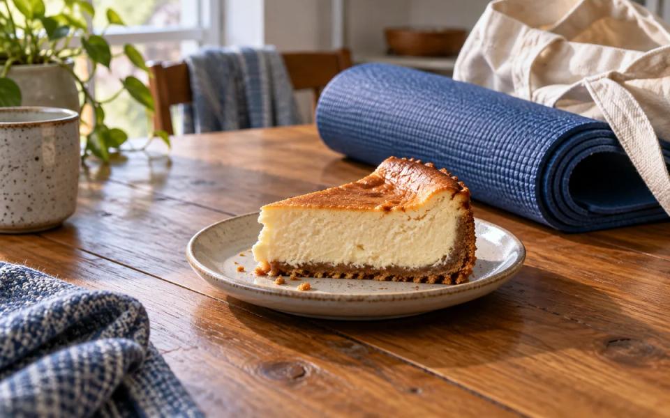 A slice of cheesecake on a ceramic plate beside a blue mat and cotton bag.