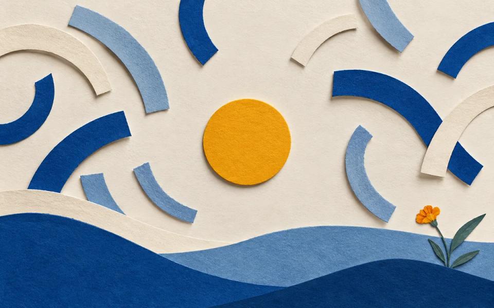 Abstract paper shapes in ivory, cobalt and marigold suggesting attention and movement.