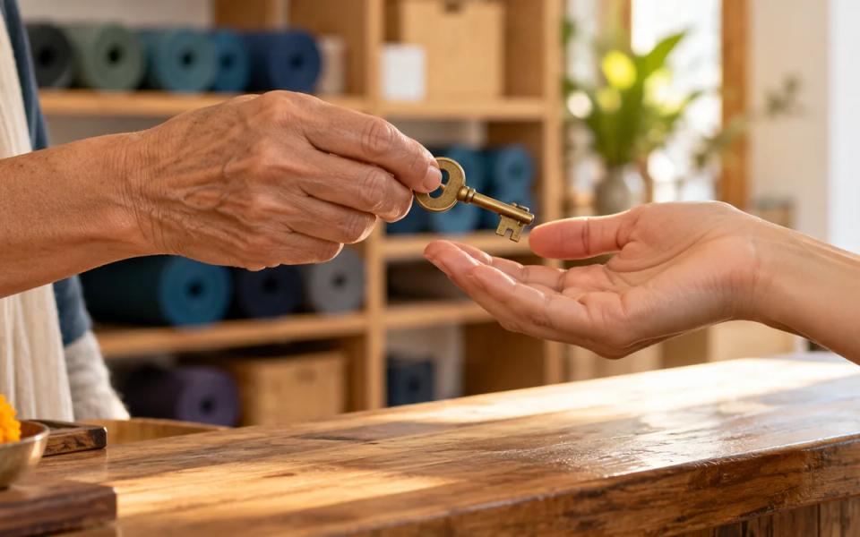 Close-up of one person passing a brass key to another across a studio desk.