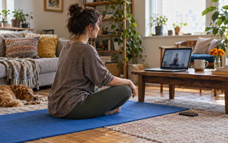 A person seated on a blue mat looks towards a laptop in a modest room, with a phone lying face down nearby.