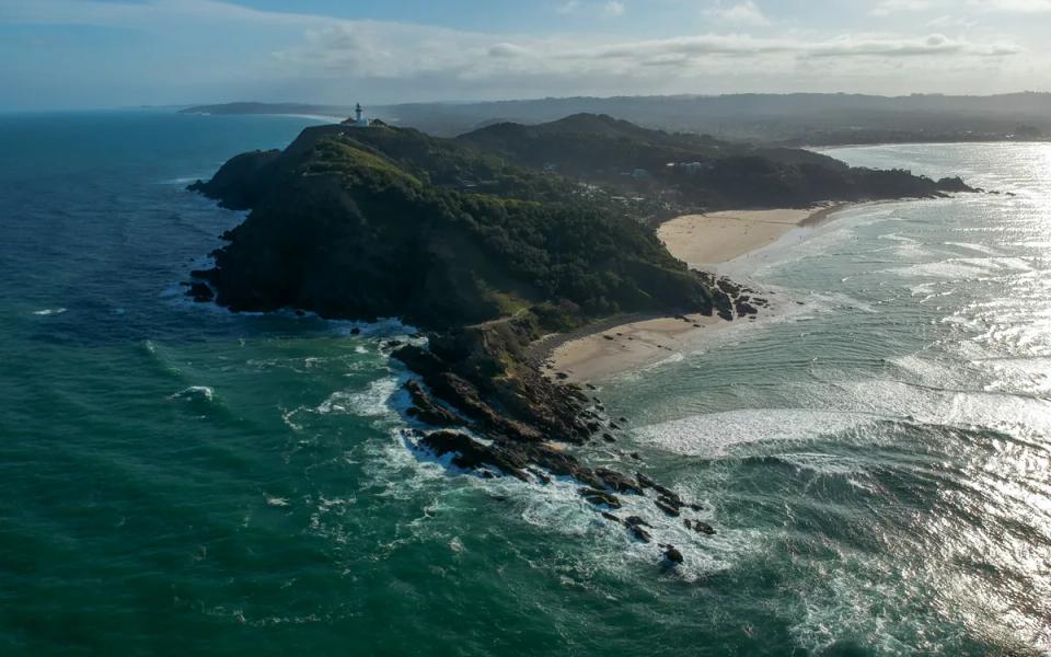 The coastal headland at Cape Byron in New South Wales, Australia, above the ocean.
